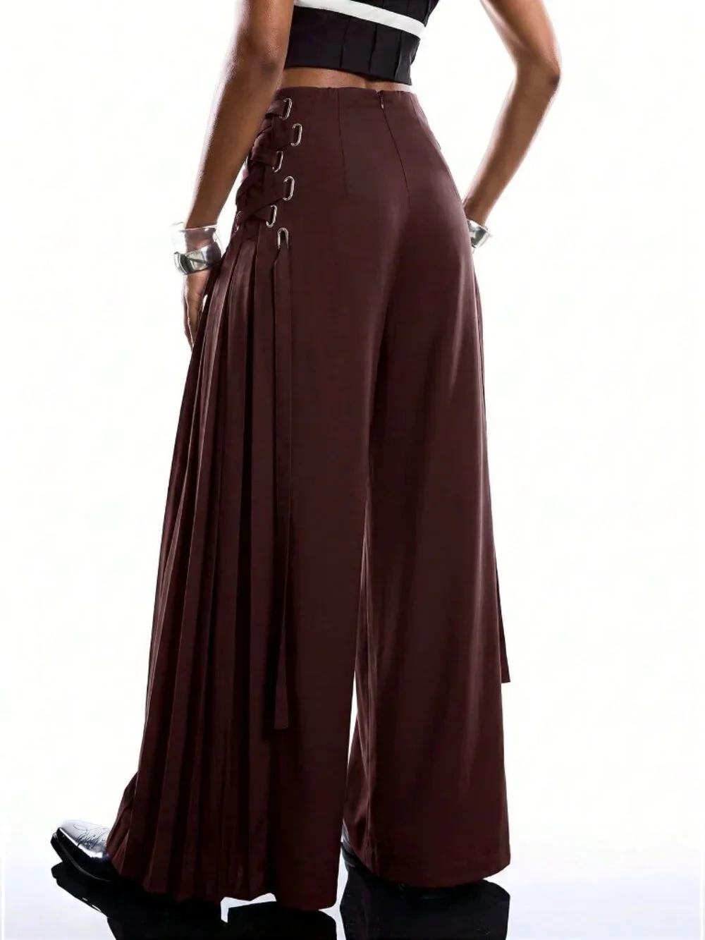 Brown Elegant Women's Drawstring Culotte Pants - Picture 2 of 6